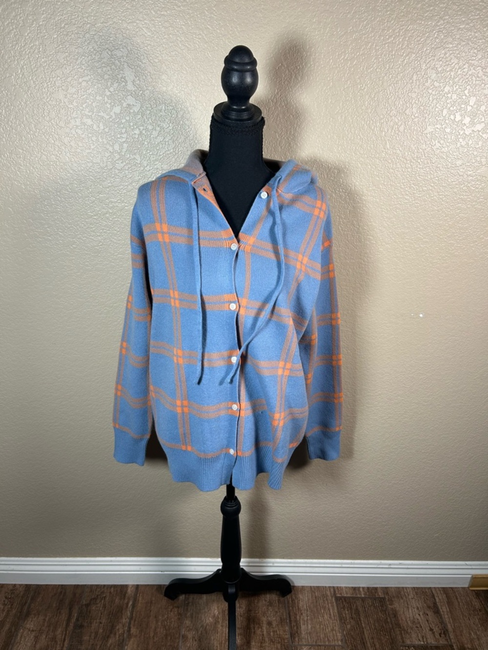 Light in the Box Blue Peach Plaid Button-Up Hoodie NWT Small